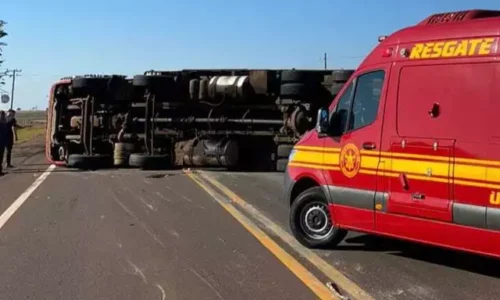 Motorista desvia de animal e caminhão frigorífico tomba em rodovia